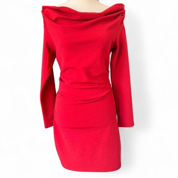 H&M Dark Red Mini Draped Off Shoulder Long Sleeve Dress Small - Picture 4 of 7